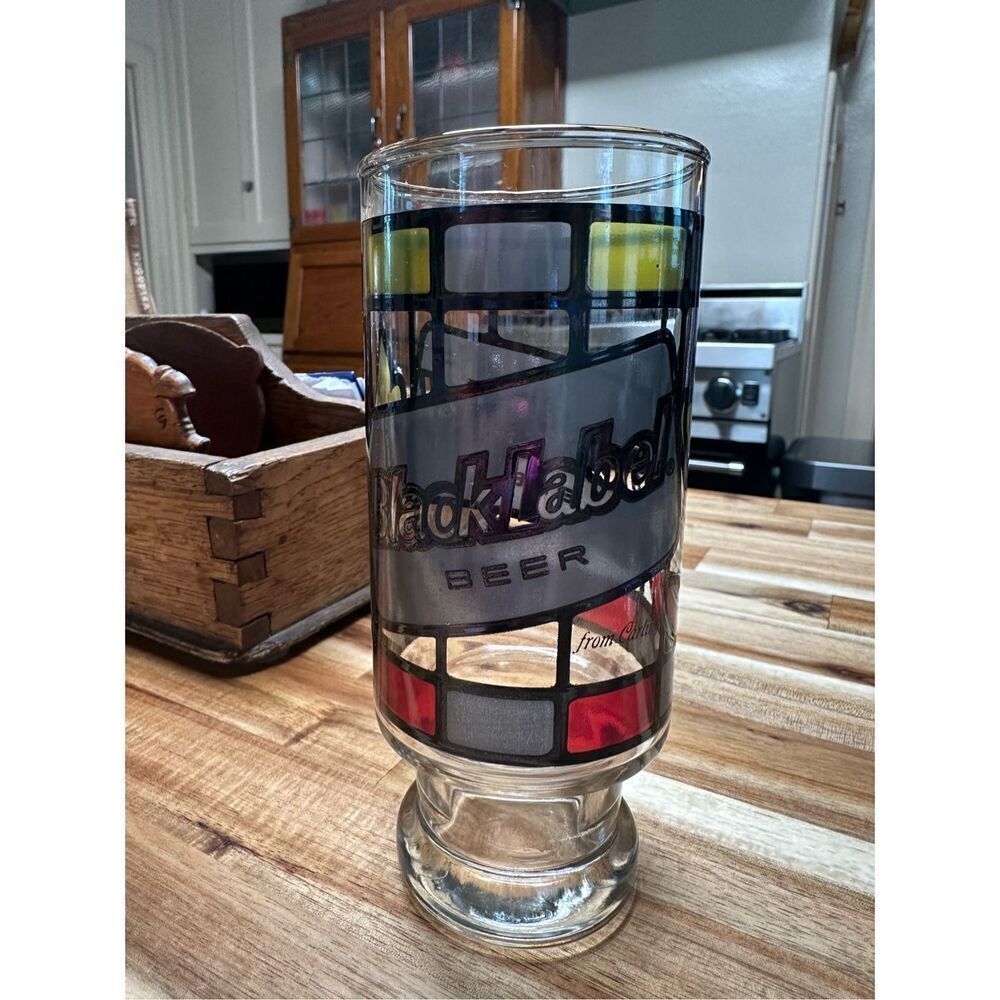 Vintage Mid Century 6-1/2 Black Label Beer Stained Glass Style Beer Glass